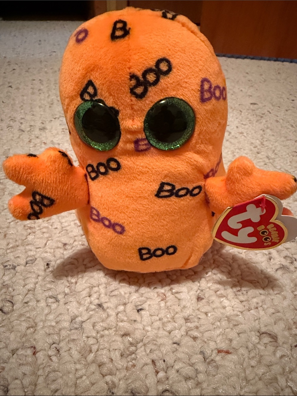 Ty Orange 'Boo' Ghost Plush with Green Glitter Eyes
